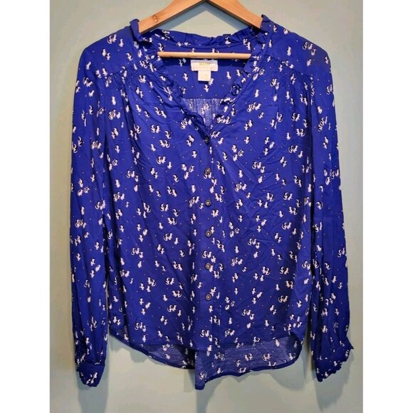 Maeve Tops - Maeve Anthropologie Blue Penguin Long Sleeve Button Up Top Ruffles Sz 6 Novelty